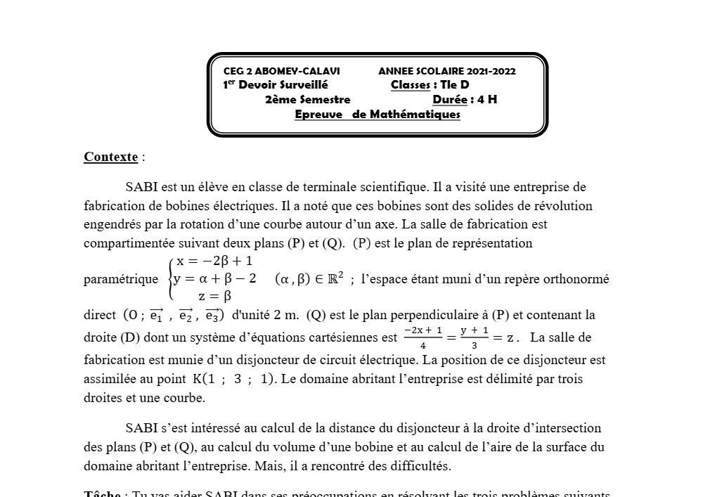 Aperçu de la première page — Mathématiques Tle D Devoir 1 Semestre 2 CEG 2 Abomey Calavi (Abomey Calavi) 2021 2022