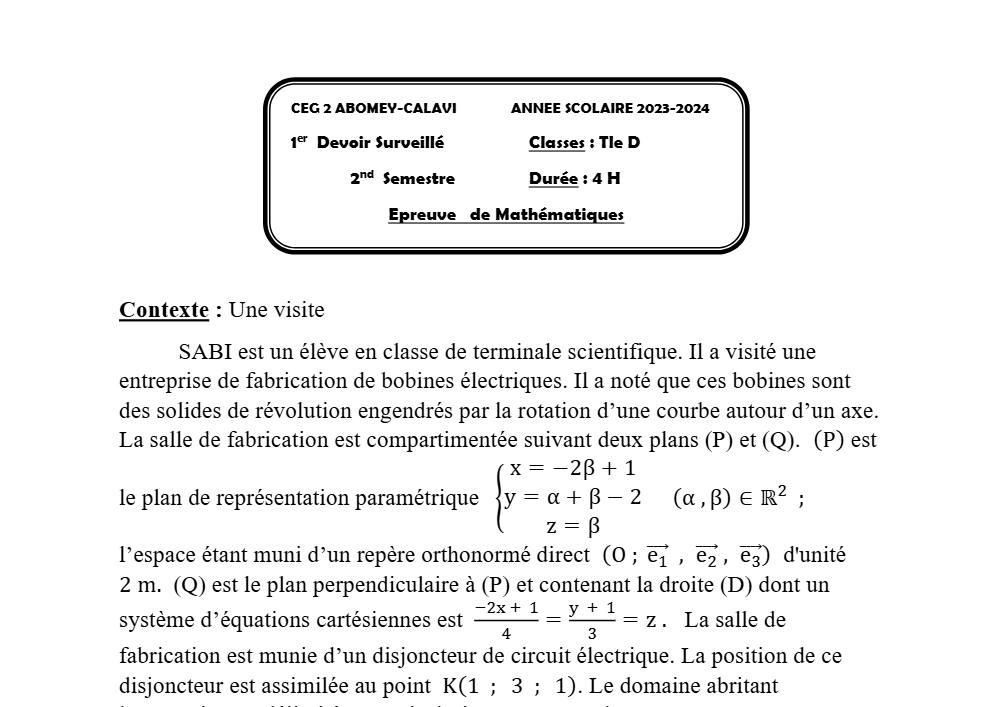 Aperçu de la première page — Mathématiques Tle D Devoir 1 Semestre 2 CEG 2 Abomey Calavi (Abomey Calavi) 2023 2024