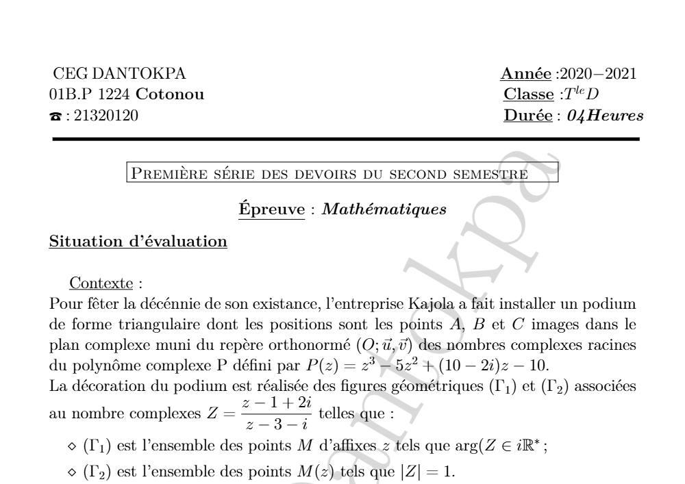 Aperçu de la première page — Mathématiques Tle D Devoir 1 Semestre 2 CEG Dantokpa (Cotonou) 2020 2021