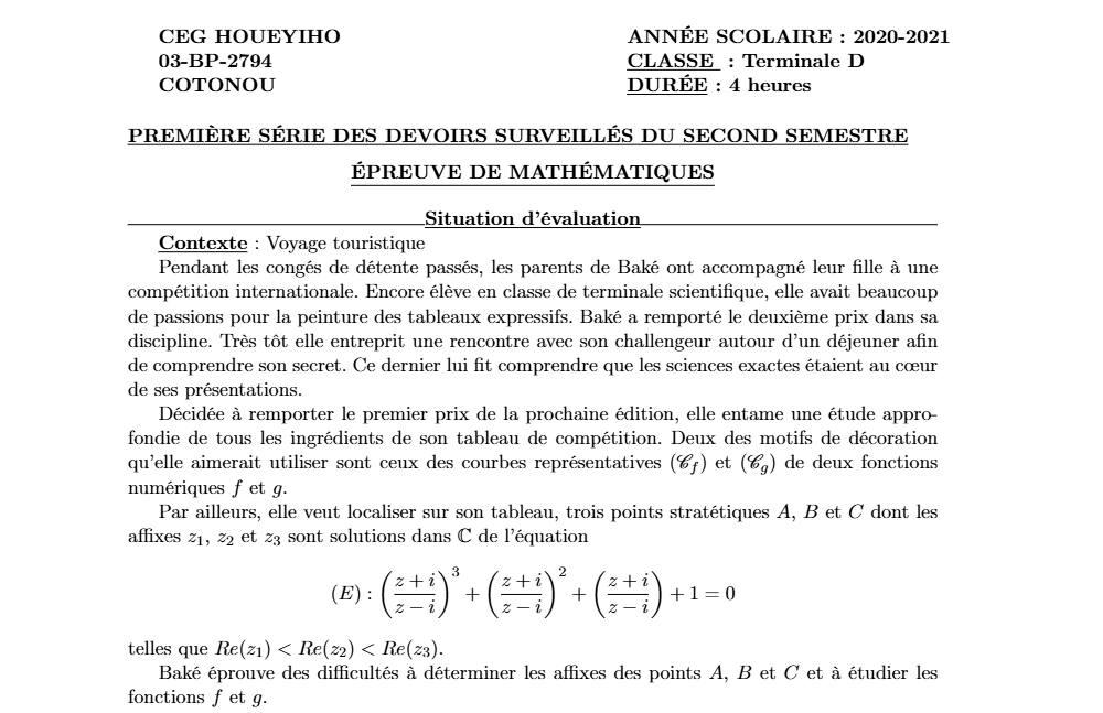 Aperçu de la première page — Mathématiques Tle D Devoir 1 Semestre 2 CEG Houéyiho (Cotonou) 2020 2021