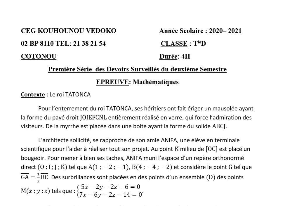 Aperçu de la première page — Mathématiques Tle D Devoir 1 Semestre 2 CEG Kouhounou Védoko (Cotonou) 2020 2021
