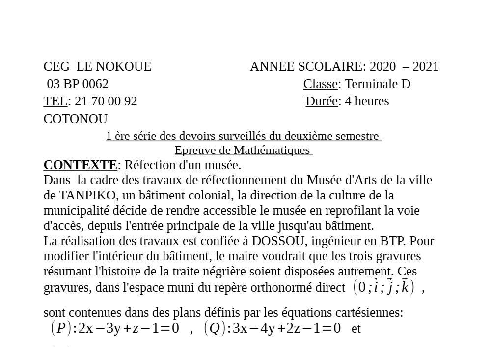 Aperçu de la première page — Mathématiques Tle D Devoir 1 Semestre 2 CEG Le Nokoué (Cotonou) 2020 2021