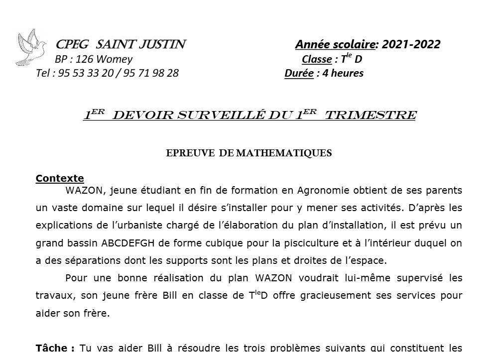 Aperçu de la première page — Mathématiques Tle D Devoir 1 Trimestre 1 CPEG Saint Justin (Womey) 2021 2022