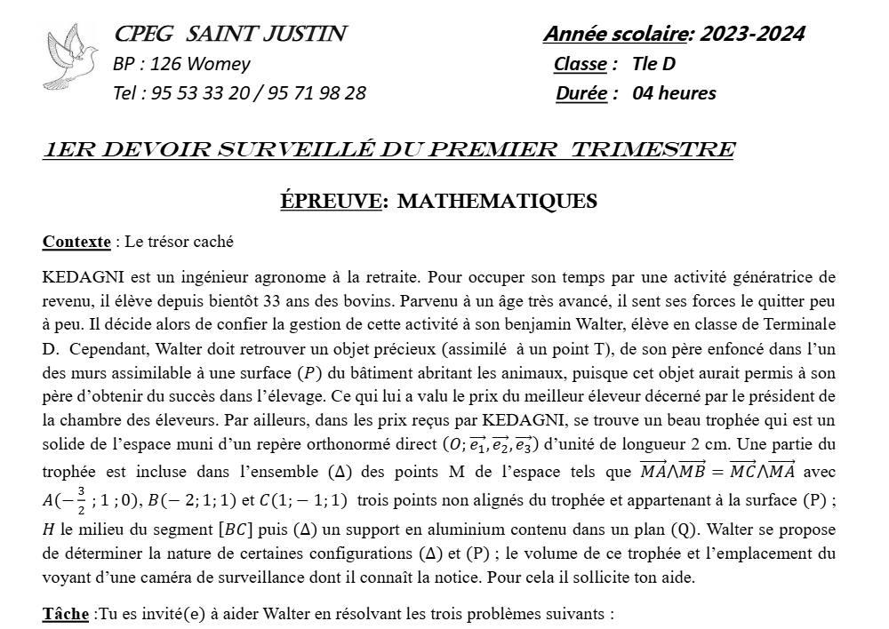 Aperçu de la première page — Mathématiques Tle D Devoir 1 Trimestre 1 CPEG Saint Justin (Womey) 2023 2024