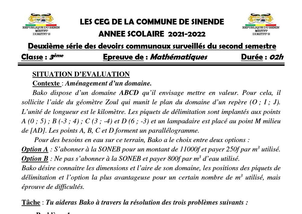 Aperçu de la première page — Sinende - Devoir communal Maths 3ème