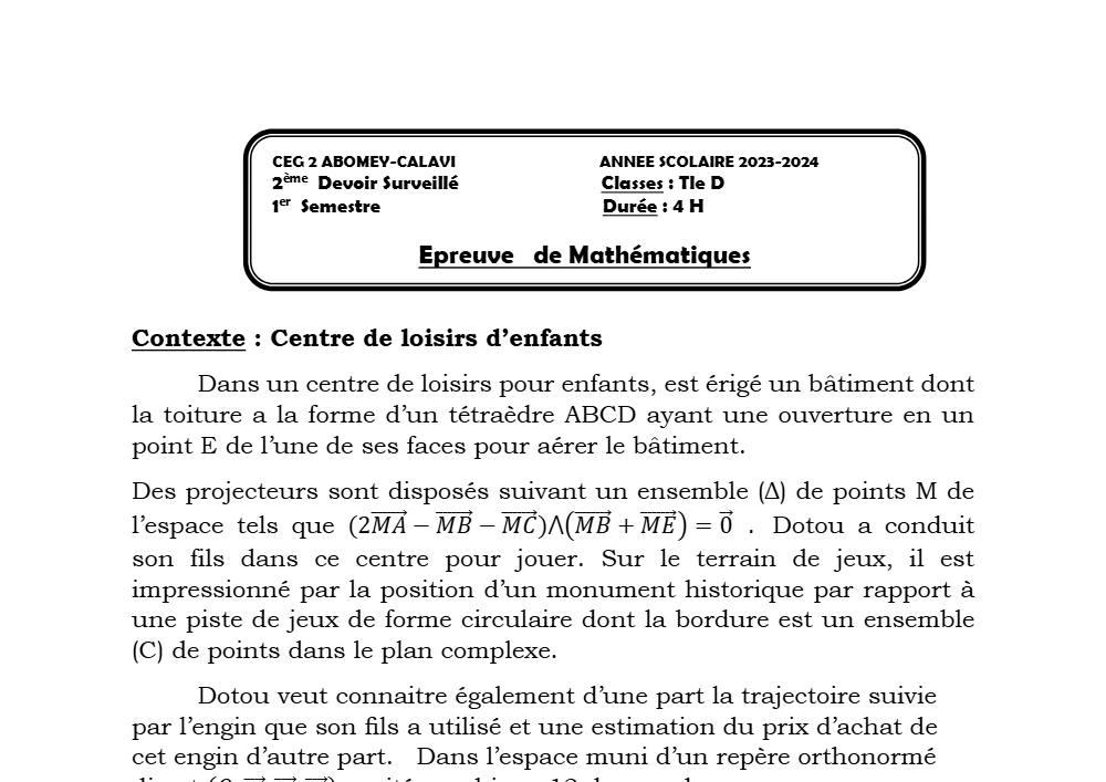 Aperçu de la première page — Mathématiques Tle D Devoir 2 Semestre 1 CEG 2 Abomey Calavi (Abomey Calavi) 2023 2024