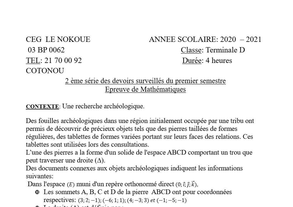 Aperçu de la première page — Mathématiques Tle D Devoir 2 Semestre 1 CEG Le Nokoué (Cotonou) 2020 2021