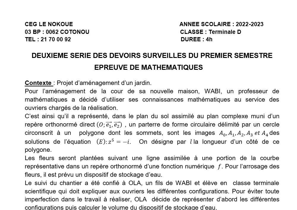 Aperçu de la première page — Mathématiques Tle D Devoir 2 Semestre 1 CEG Le Nokoué (Cotonou) 2022 2023