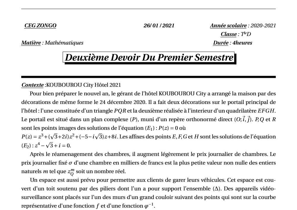 Aperçu de la première page — Mathématiques Tle D Devoir 2 Semestre 1 CEG Zongo (Parakou) 2020 2021