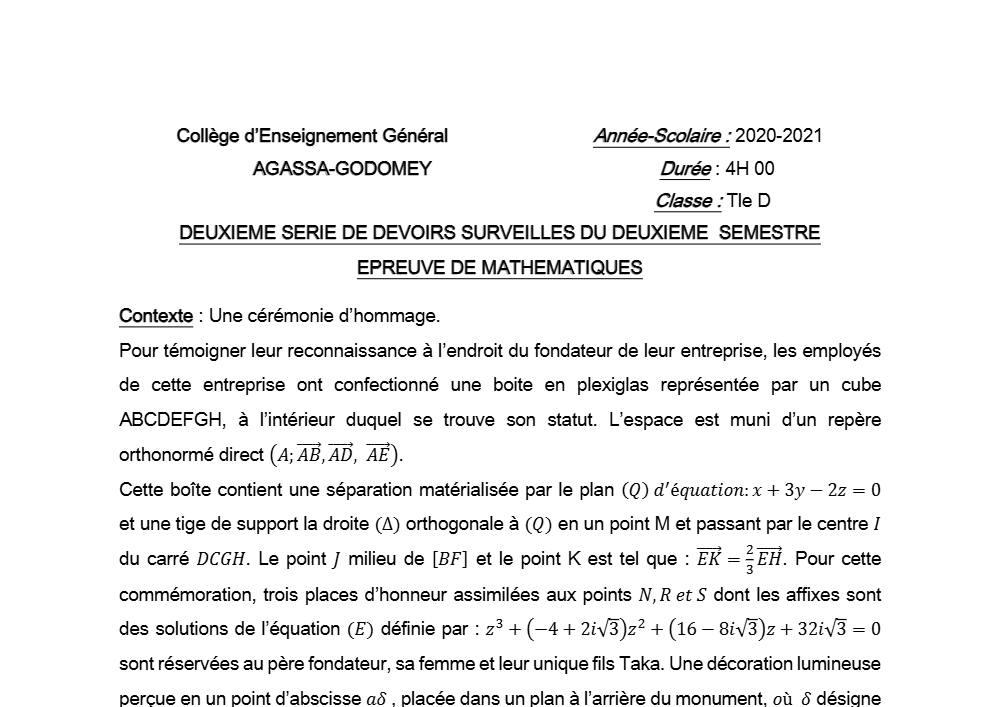 Aperçu de la première page — Mathématiques Tle D Devoir 2 Semestre 2 CEG Agassa Godomey (Godomey) 2020 2021