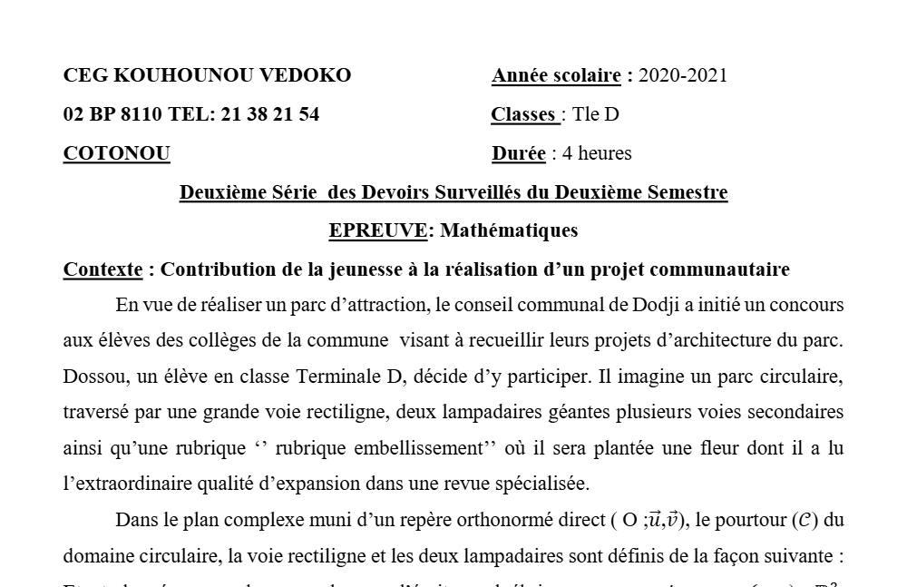 Aperçu de la première page — Mathématiques Tle D Devoir 2 Semestre 2 CEG Kouhounou Védoko (Cotonou) 2020 2021