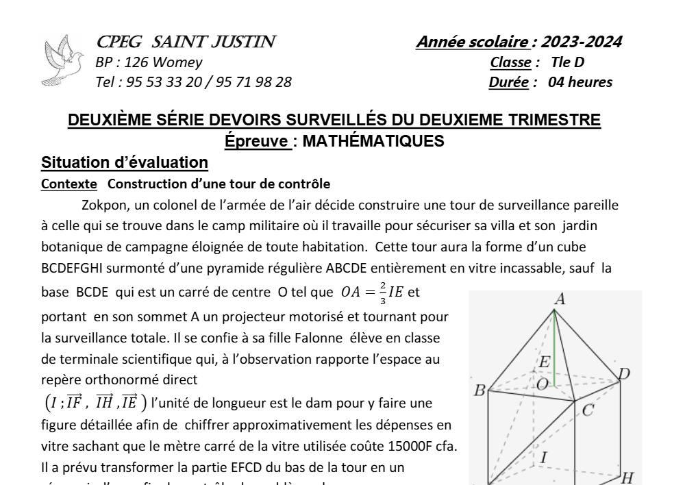 Aperçu de la première page — Mathématiques Tle D Devoir 2 Trimestre 2 CPEG Saint Justin (Womey) 2023 2024
