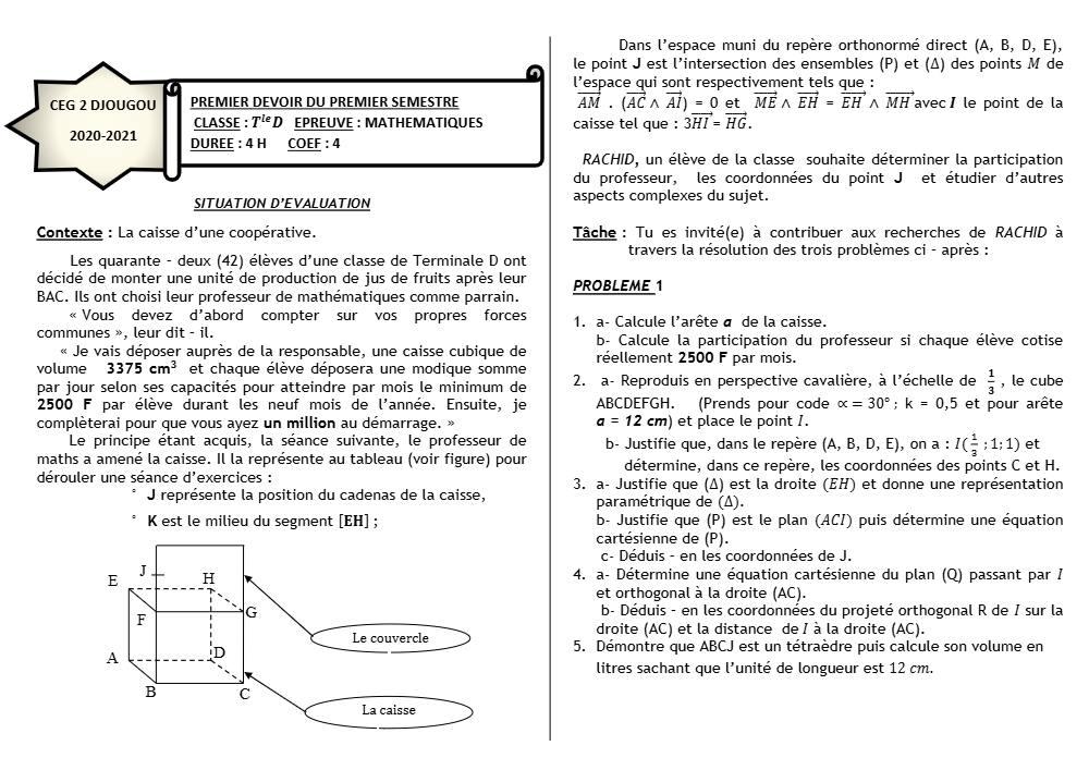 Aperçu de la première page — Mathématiques Tle D Devoir Surveillé (Décembre 2020) 2020 2021