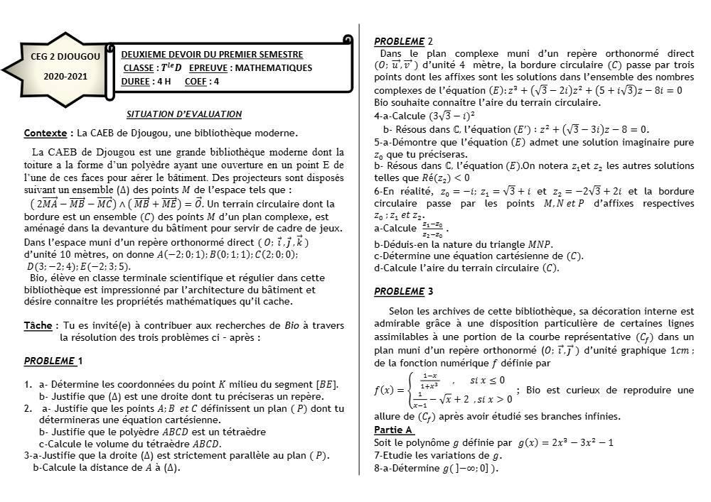 Aperçu de la première page — Mathématiques Tle D Devoir Surveillé (Février 2021) 2020 2021