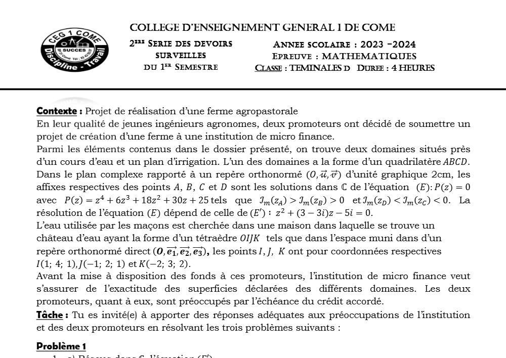 Aperçu de la première page — Mathématiques Tle D Devoir Surveillé (Janvier 2024) 2023 2024