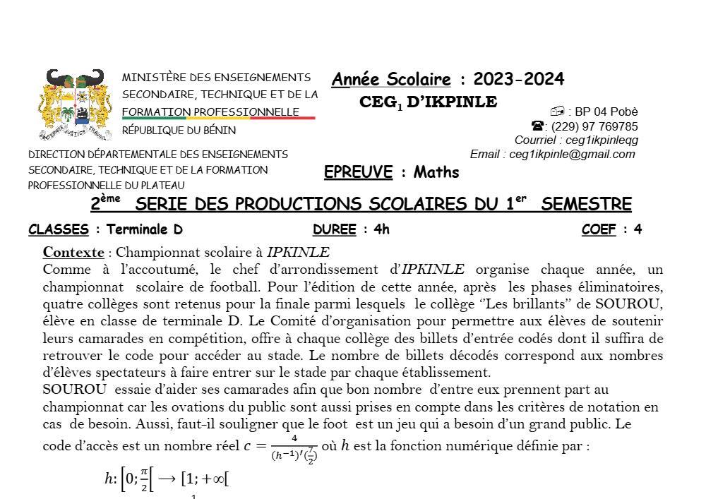 Aperçu de la première page — Mathématiques Tle D Devoir Surveillé (Janvier 2024) CEG1 Ikpinlè (Pobè) 2023 2024