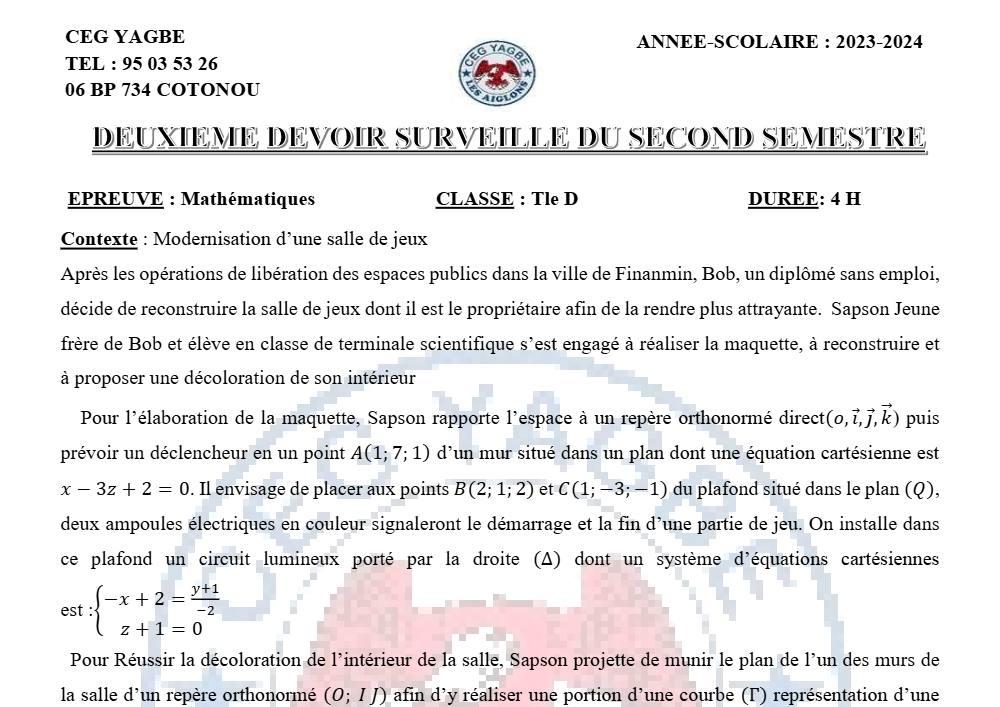 Aperçu de la première page — Mathématiques Tle D Devoir Surveillé (Mai 2024) CEG Yagbé (Cotonou) 2023 2024