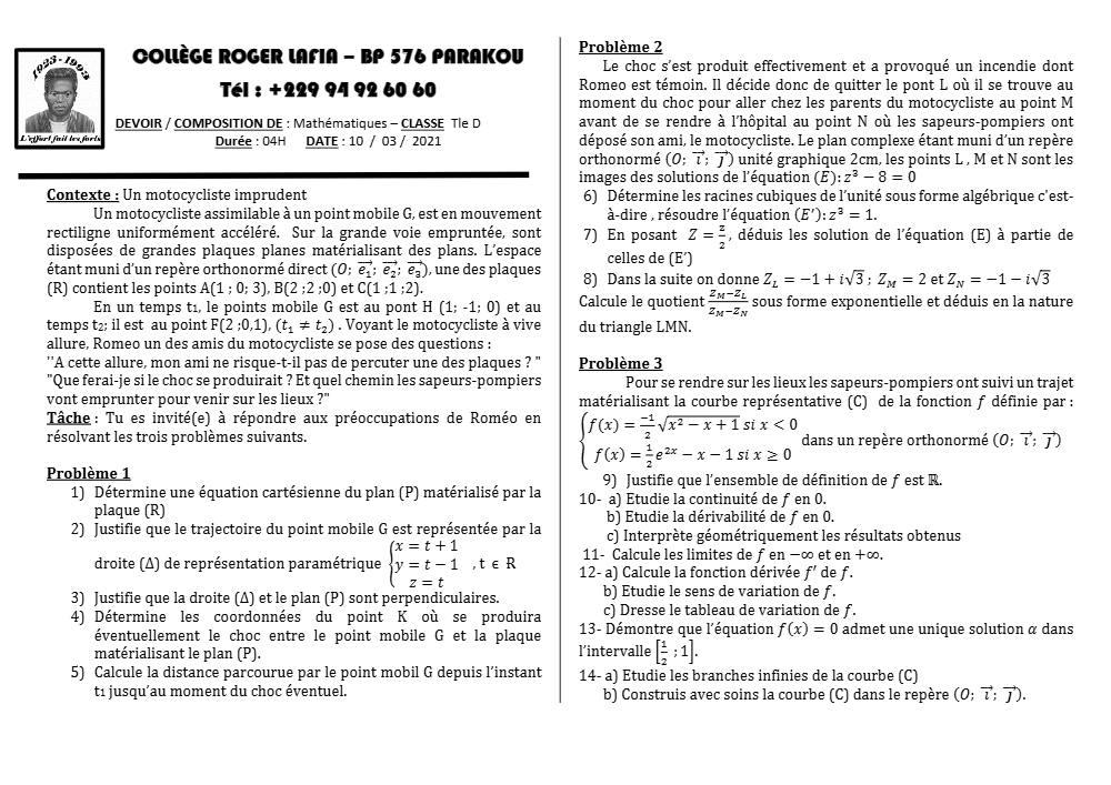 Aperçu de la première page — Mathématiques Tle D Devoir Surveillé (Mars 2021) Collège Roger Lafia (Parakou) 2020 2021