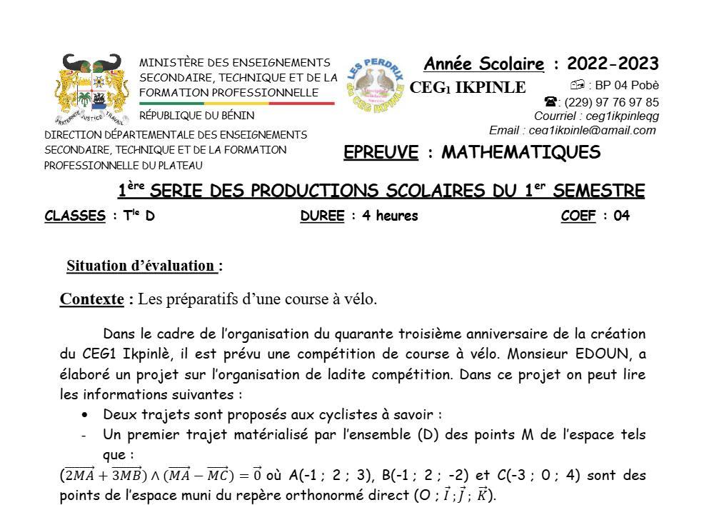 Aperçu de la première page — Mathématiques Tle D Devoir Surveillé (Novembre 2022) CEG1 Ikpinlè (Pobè) 2022 2023