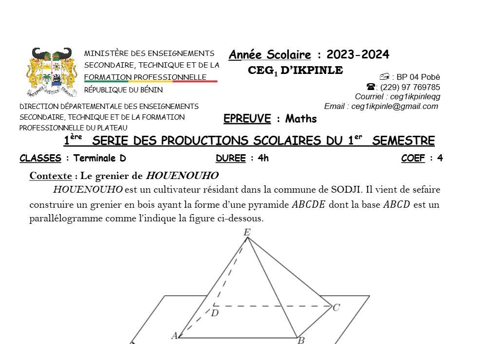 Aperçu de la première page — Mathématiques Tle D Devoir Surveillé (Novembre 2023) CEG1 Ikpinlè (Pobè) 2023 2024
