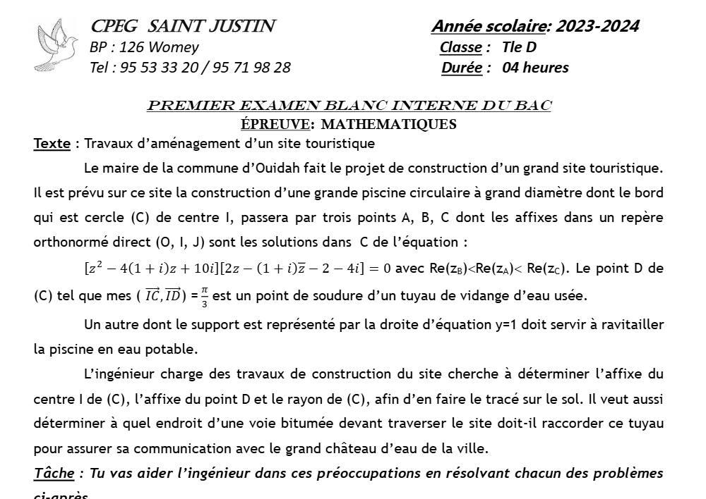 Aperçu de la première page — Mathématiques Tle D Examen Blanc Interne Bac CPEG Saint Justin (Womey) 2023 2024