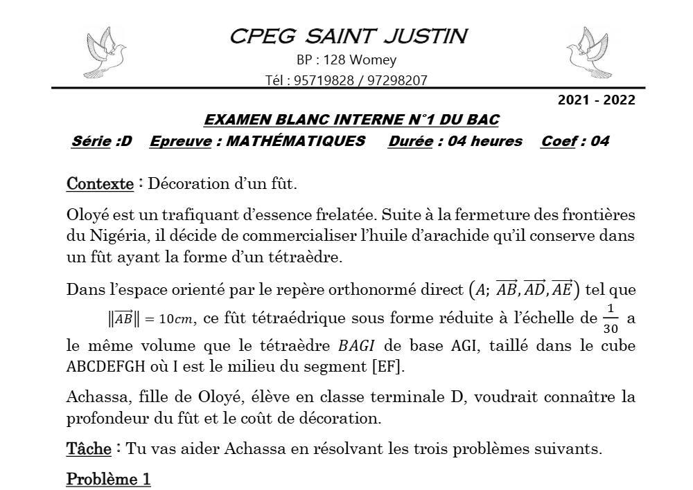 Aperçu de la première page — Mathématiques Tle D Examen Blanc Interne Bac N°1 CPEG Saint Justin (Womey) 2021 2022