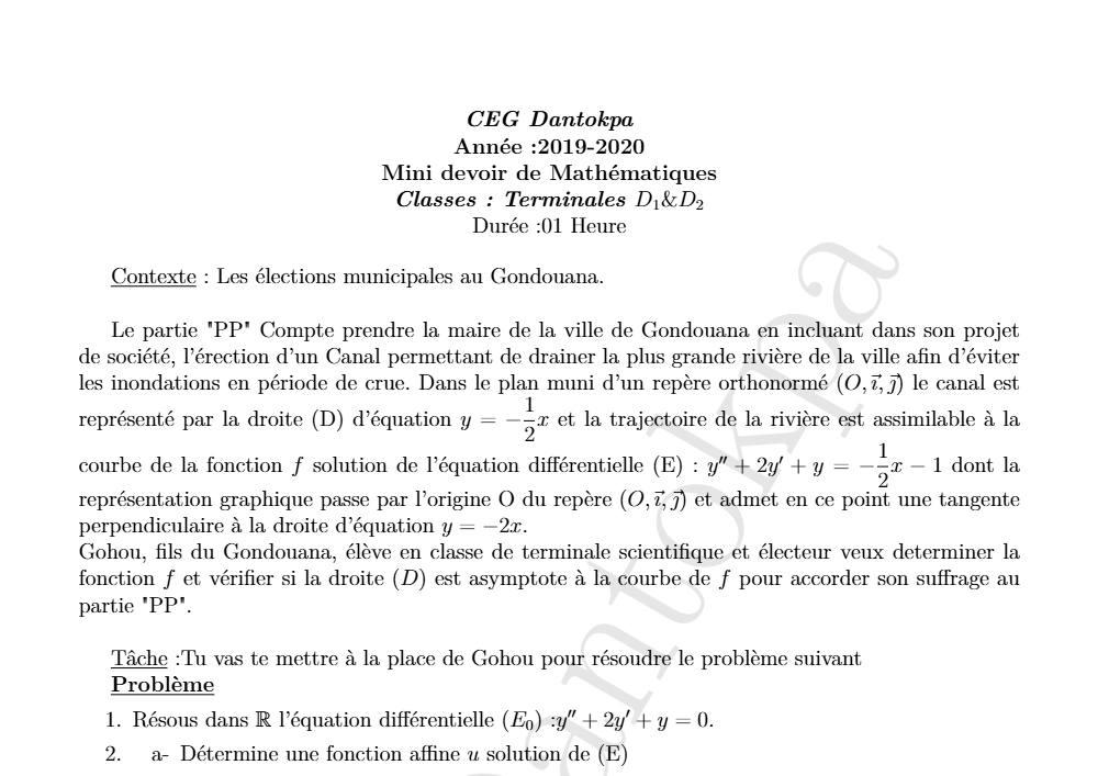 Aperçu de la première page — Mathématiques Tle D Mini Devoir CEG Dantokpa (Cotonou) 2019 2020