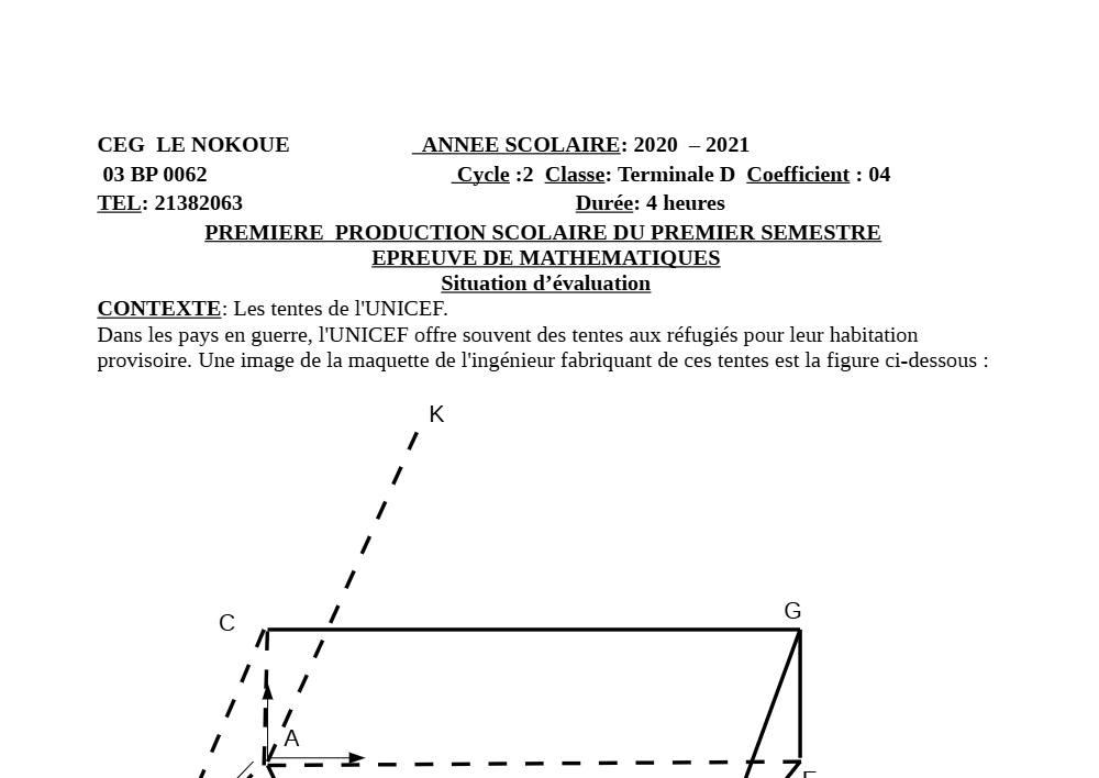 Aperçu de la première page — Mathématiques Tle D Production Scolaire 1 Semestre 1 CEG Le Nokoué (Cotonou) 2020 2021