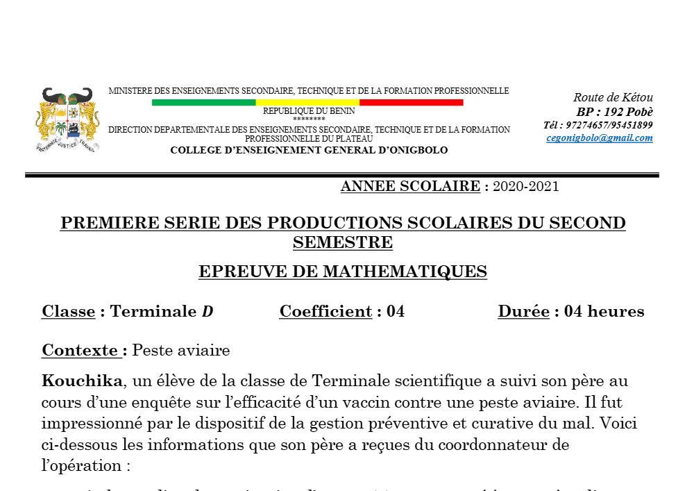 Aperçu de la première page — Mathématiques Tle D Production Scolaire 1 Semestre 2 CEG Onigbolo (Pobè) 2020 2021