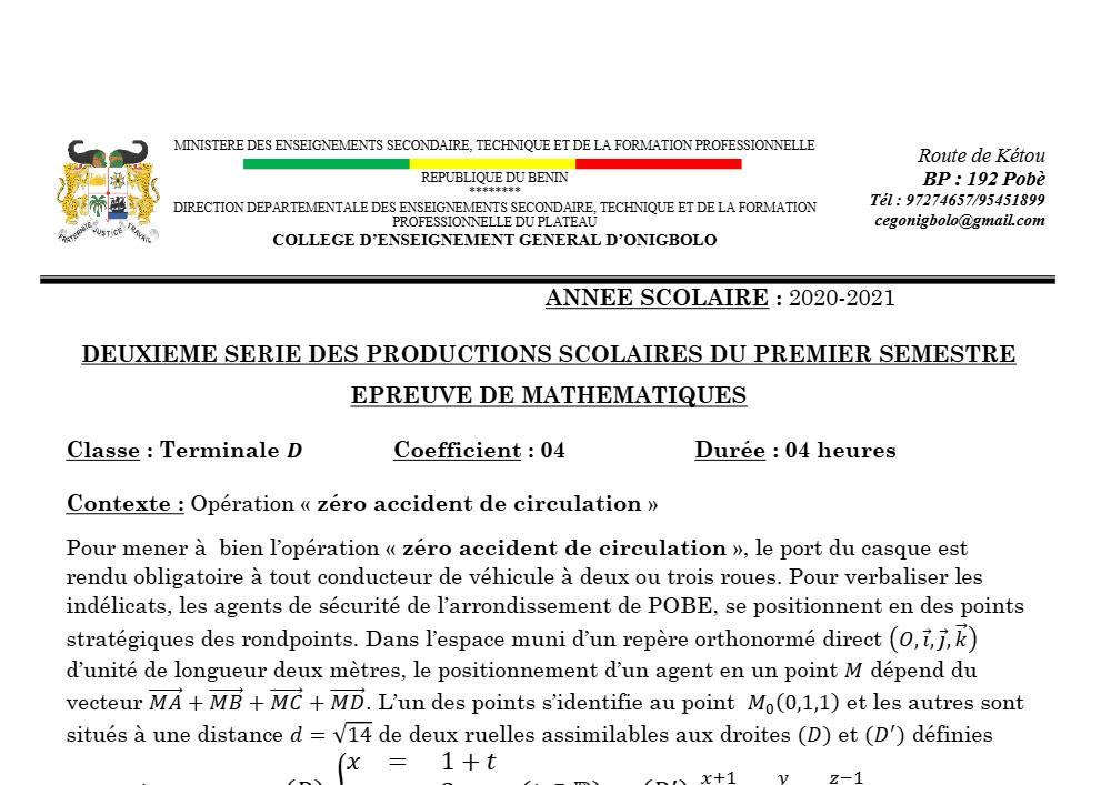 Aperçu de la première page — Mathématiques Tle D Production Scolaire 2 Semestre 1 CEG Onigbolo (Pobè) 2020 2021