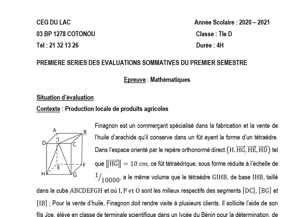 Aperçu de la première page — Mathématiques Tle D Évaluation 1 Semestre 1 CEG du Lac (Cotonou) 2020 2021