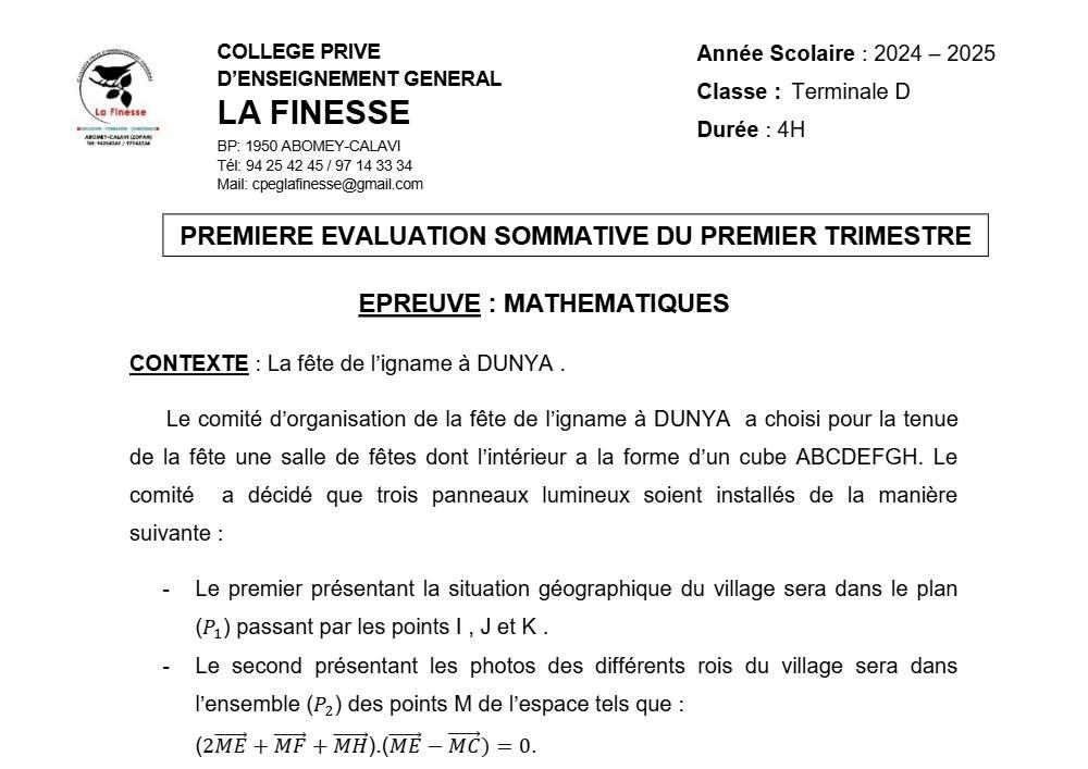 Aperçu de la première page — Mathématiques Tle D Évaluation 1 Trimestre 1 CPEG La Finesse (Abomey Calavi) 2024 2025