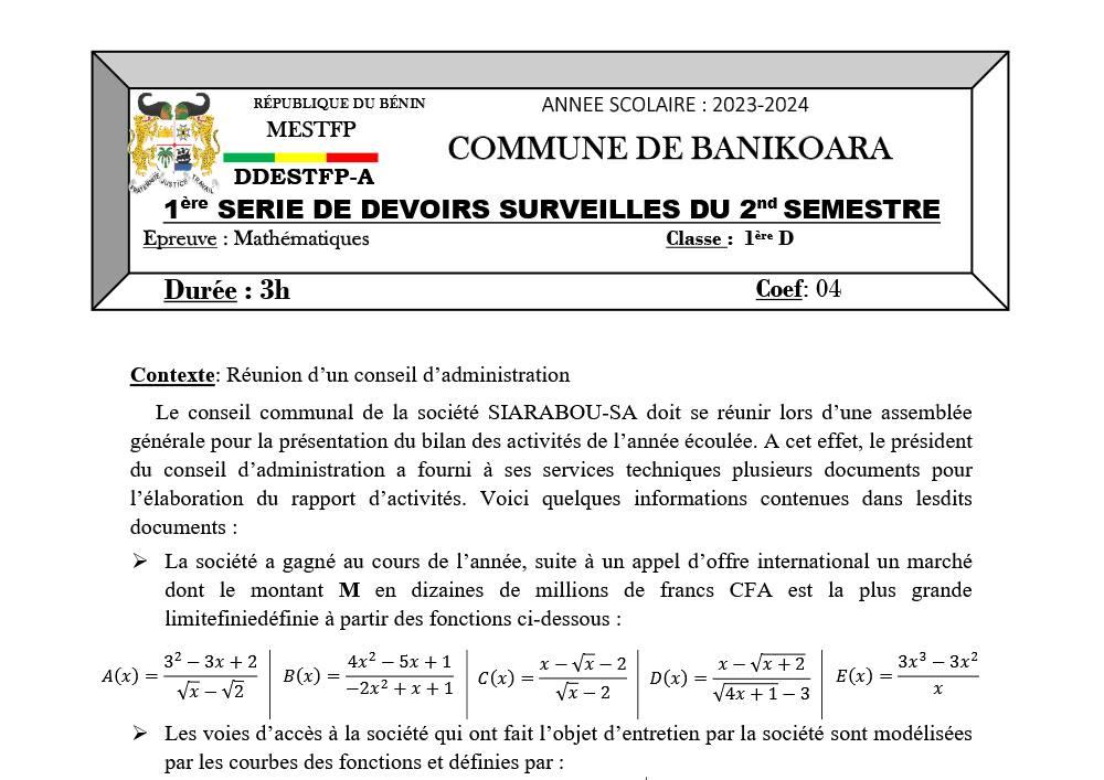 Aperçu de la première page — 1ereD - Mathématique - 1e dev 2e sem - Devoir communal Banikoara