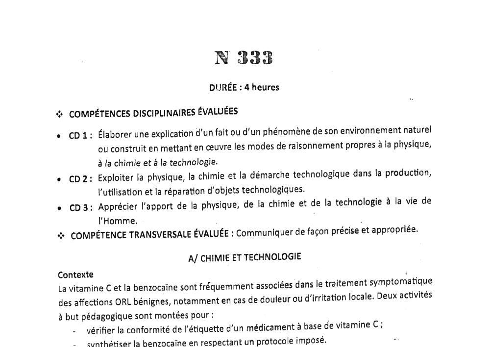 Aperçu de la première page — BAC NATIONAL 2026 Physique Chimie Technologie Série D BAC Bénin