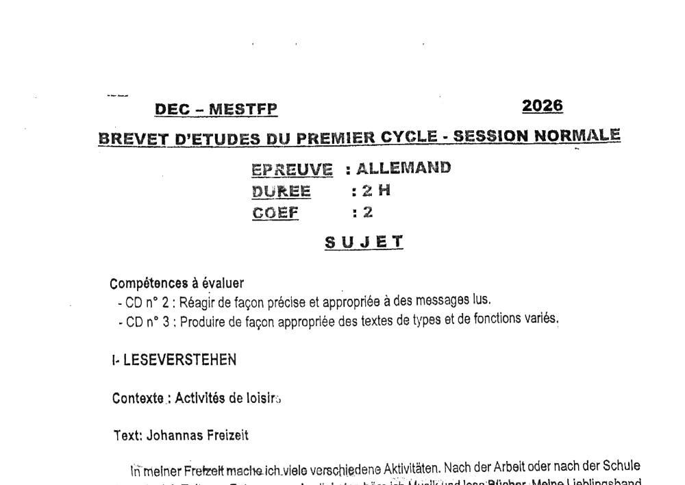 Aperçu de la première page — BEPC NATIONAL 2026 Allemand BEPC Bénin