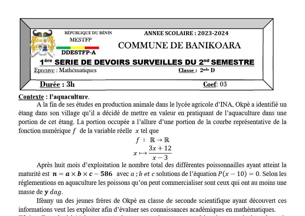 Aperçu de la première page — 2ndeD - Mathématique - 1e dev 2e sem - Devoir communal Banikoara