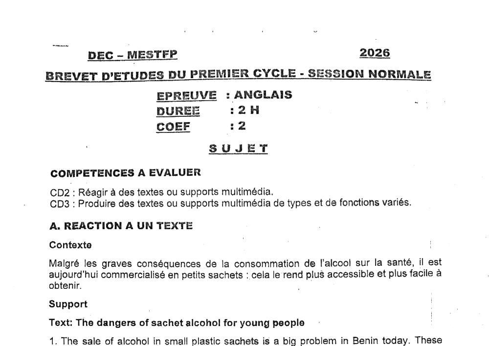 Aperçu de la première page — BEPC NATIONAL 2026 Anglais BEPC Bénin