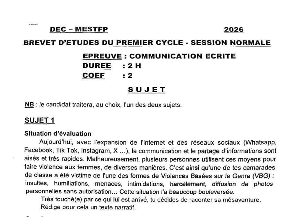 Aperçu de la première page — BEPC NATIONAL 2026 Communication Écrite BEPC Bénin
