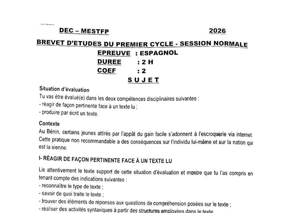 Aperçu de la première page — BEPC NATIONAL 2026 Espagnol BEPC Bénin