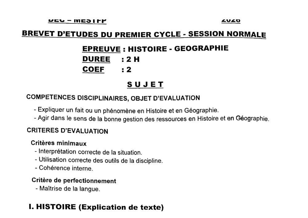 Aperçu de la première page — BEPC NATIONAL 2026 Histoire Géographie BEPC Bénin