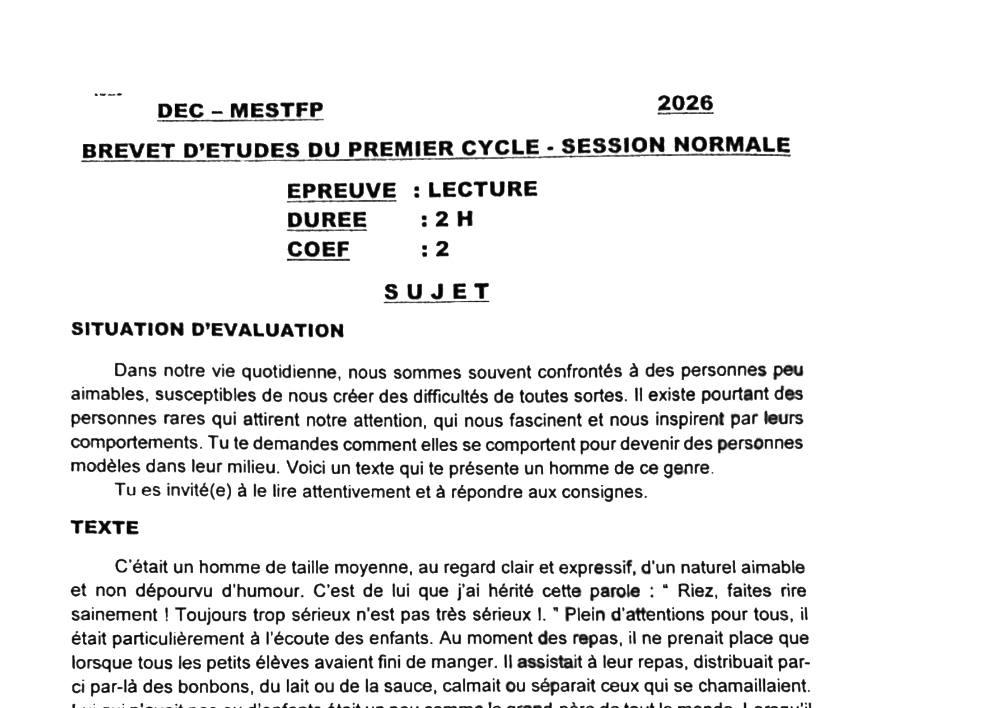 Aperçu de la première page — BEPC NATIONAL 2026 Lecture BEPC Bénin