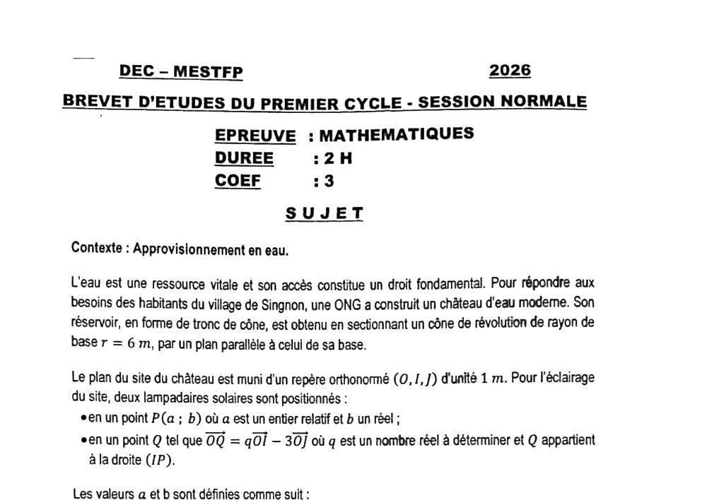 Aperçu de la première page — BEPC NATIONAL 2026 Mathématiques BEPC Bénin