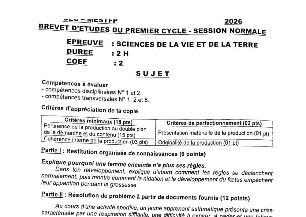 Aperçu de la première page — BEPC NATIONAL 2026 SVT BEPC Bénin