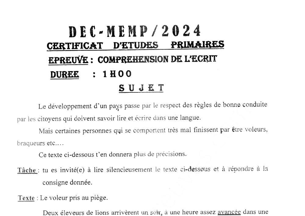 Aperçu de la première page — CEP NATIONAL Compréhension de l'Écrit CEP Bénin 2024