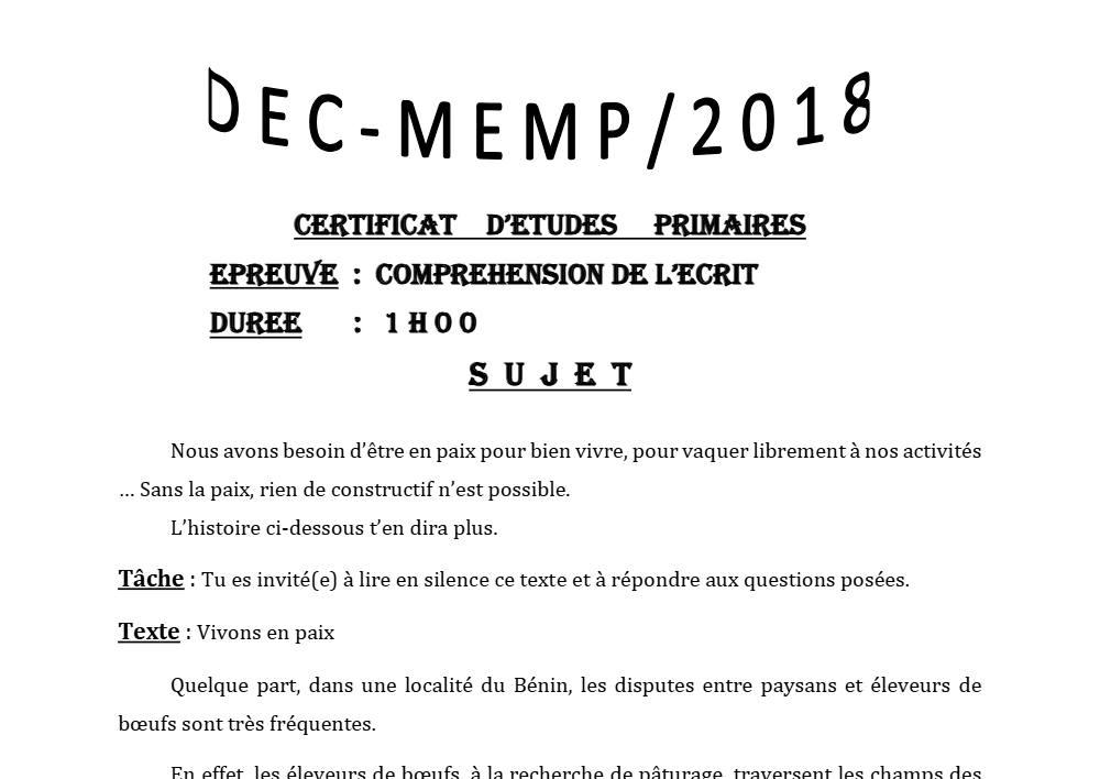 Aperçu de la première page — CEP NATIONAL Compréhension de l'Écrit CEP Session Normale Bénin 2018