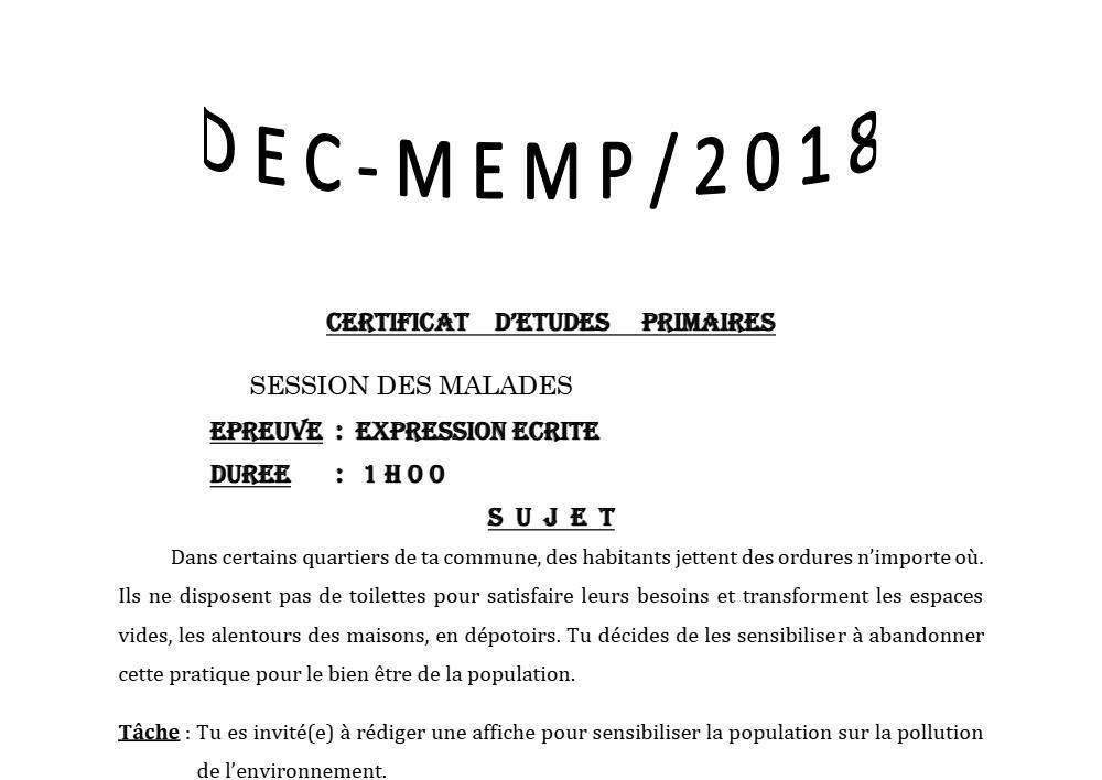 Aperçu de la première page — CEP NATIONAL Expression Écrite CEP Session des Malades Bénin 2018