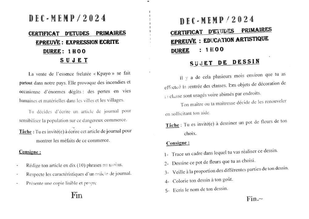 Aperçu de la première page — CEP NATIONAL Expression Écrite et Éducation Artistique CEP Bénin 2024 (2)