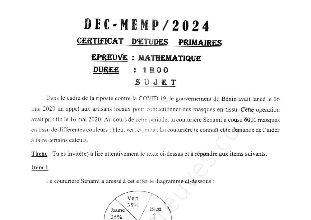 Aperçu de la première page — CEP NATIONAL Mathématiques CEP Bénin 2024