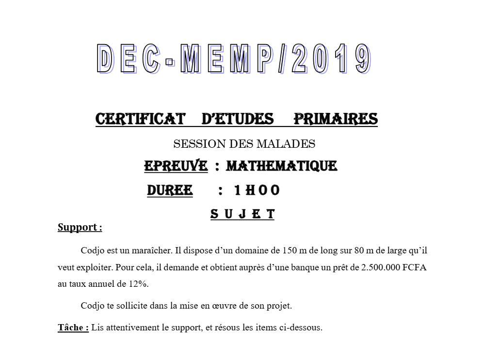 Aperçu de la première page — CEP NATIONAL Mathématiques CEP Session des Malades Bénin 2019