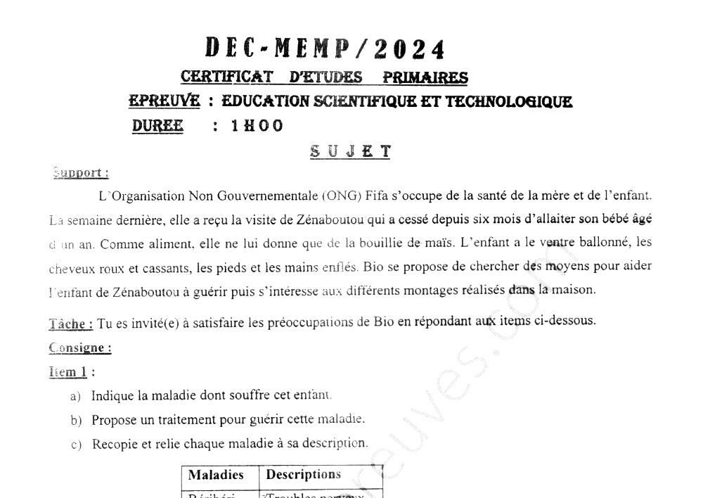 Aperçu de la première page — CEP NATIONAL Éducation Scientifique et Technologique CEP Bénin 2024